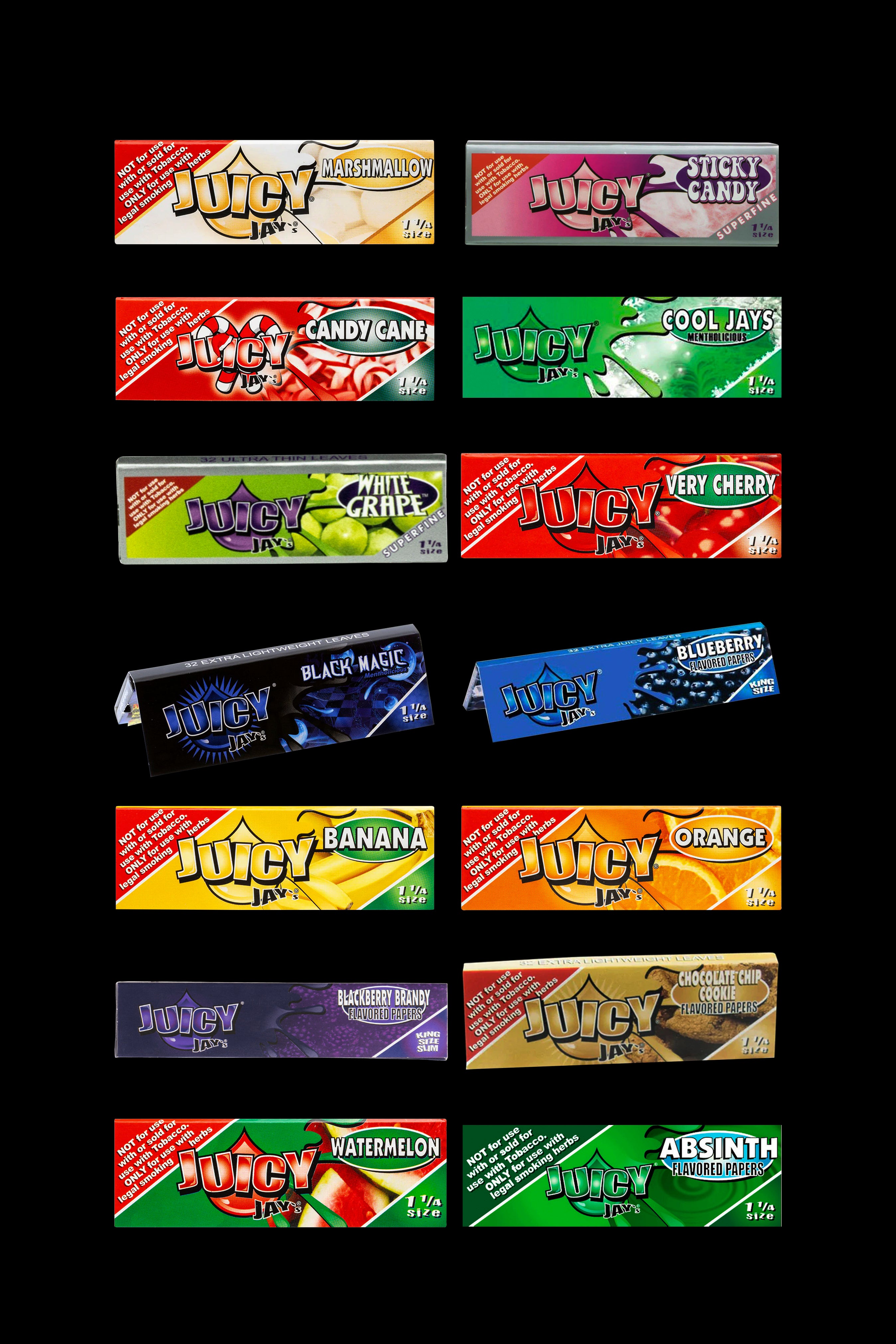 A grid of colorful, flavored rolling paper packs branded "JUICY JAYS," displaying flavors like marshmallow, candy cane, blueberry, banana, and watermelon, with legal disclaimers visible on each pack.