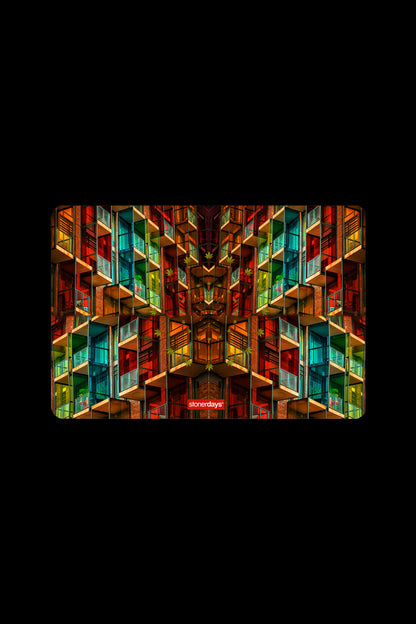 Psychedelic, mirrored building facade with "stonerdays" branding, evoking a distorted, colorful, and immersive experience.