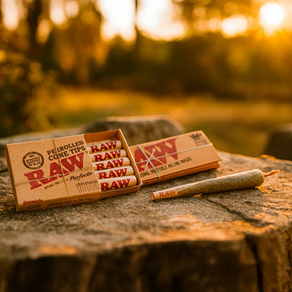 Sunlit close-up of RAW Organic Hemp Raw 1 1/4" Prerolled Cones - 32 Pack 5.00% Off Auto renew box and cone on a rock.