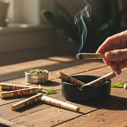 Hand holding a lit RAW Organic Hemp Prerolled Kingsize Cones - 32 Pack 5.00% Off Auto renew cone over a black ashtray, with several RAW cones and a small herb grinder on a sunlit wooden table.