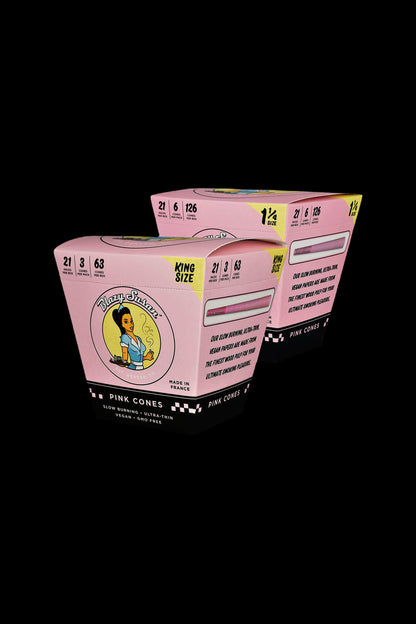 Pink cannabis cone packaging displaying information on quantity, size, and materials.