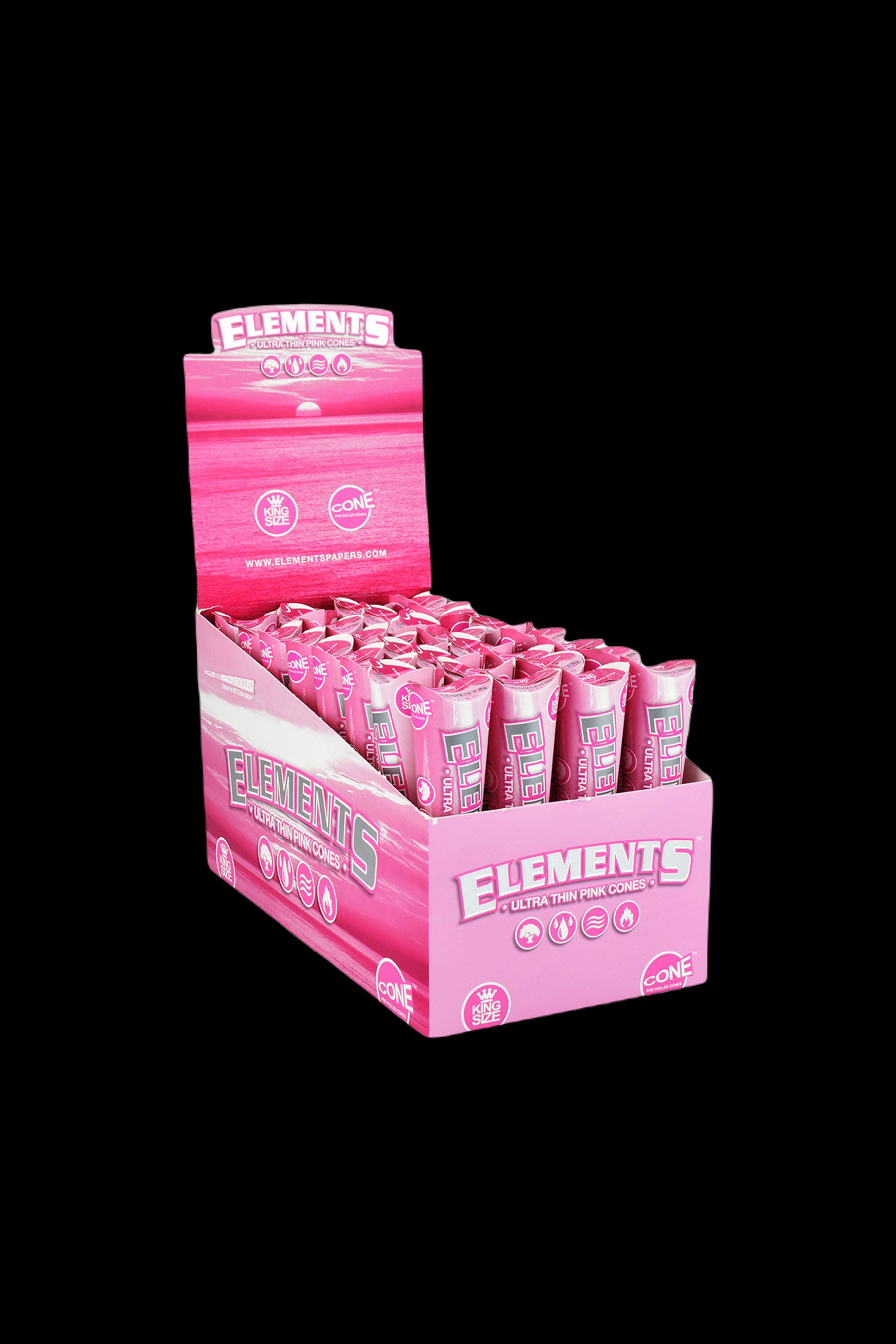 A display box of pink Elements ultra-thin rolling cones.