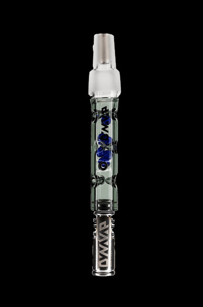 Glass oil rig tube with blue accents and intricate designs.