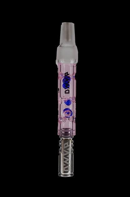 Pink glass dab rig with purple accents and branded lettering.