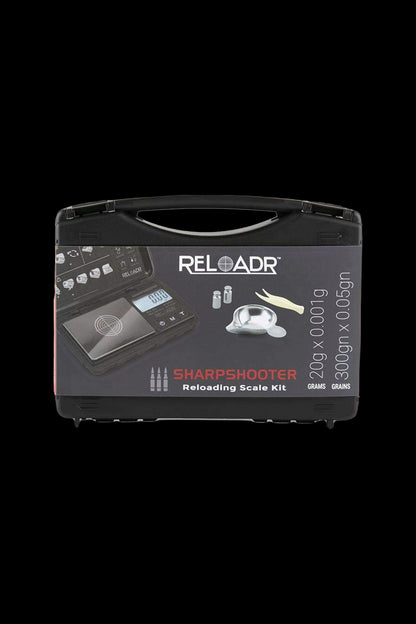 A black and red box for the “Reloadr Sharpshooter Reloading Scale Kit” displaying a digital scale, small containers, and tools, with measurements listed as 200g x 0.001g and 300gn x 0.05gn.