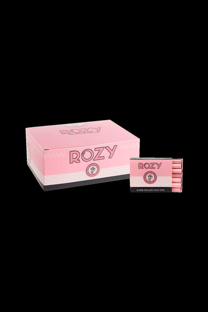 Pink and white “Rozy” branded box and package of pre-rolled cannabis tips.