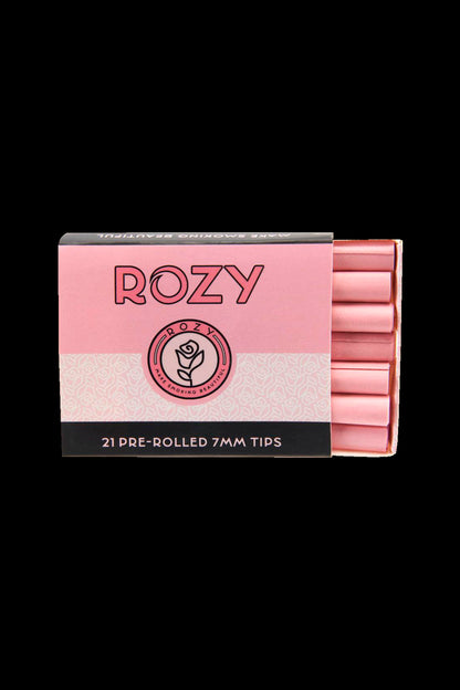 Pink pack of Rozy pre-rolled 7mm cannabis tips with floral logo.