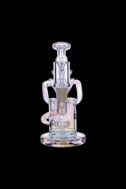 Iridescent glass dab rig with intricate curves and a bowl piece, isolated on a black background.