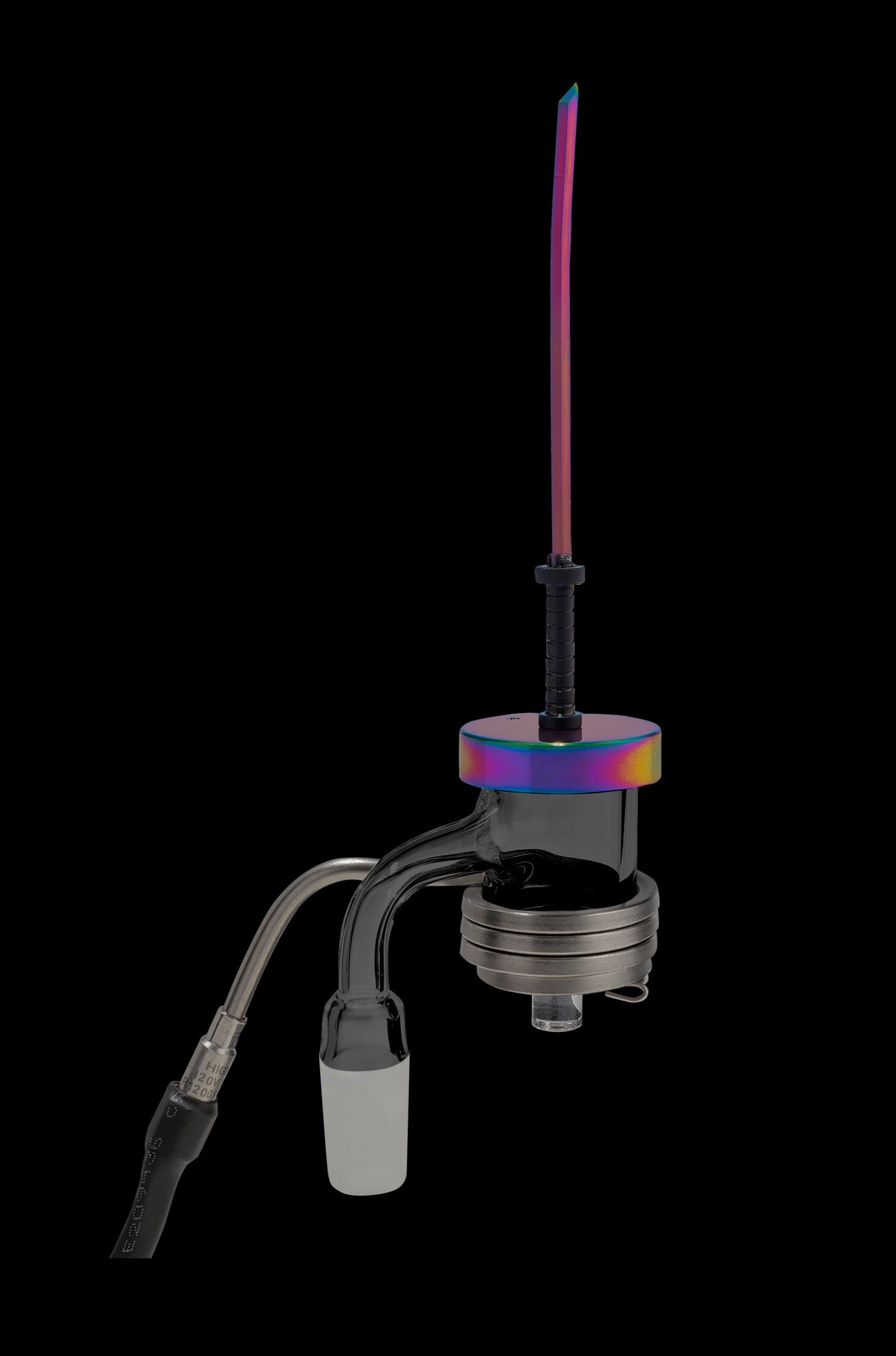 A vibrant, iridescent glass dab rig with a quartz banger and accompanying glass accessories against a black background.