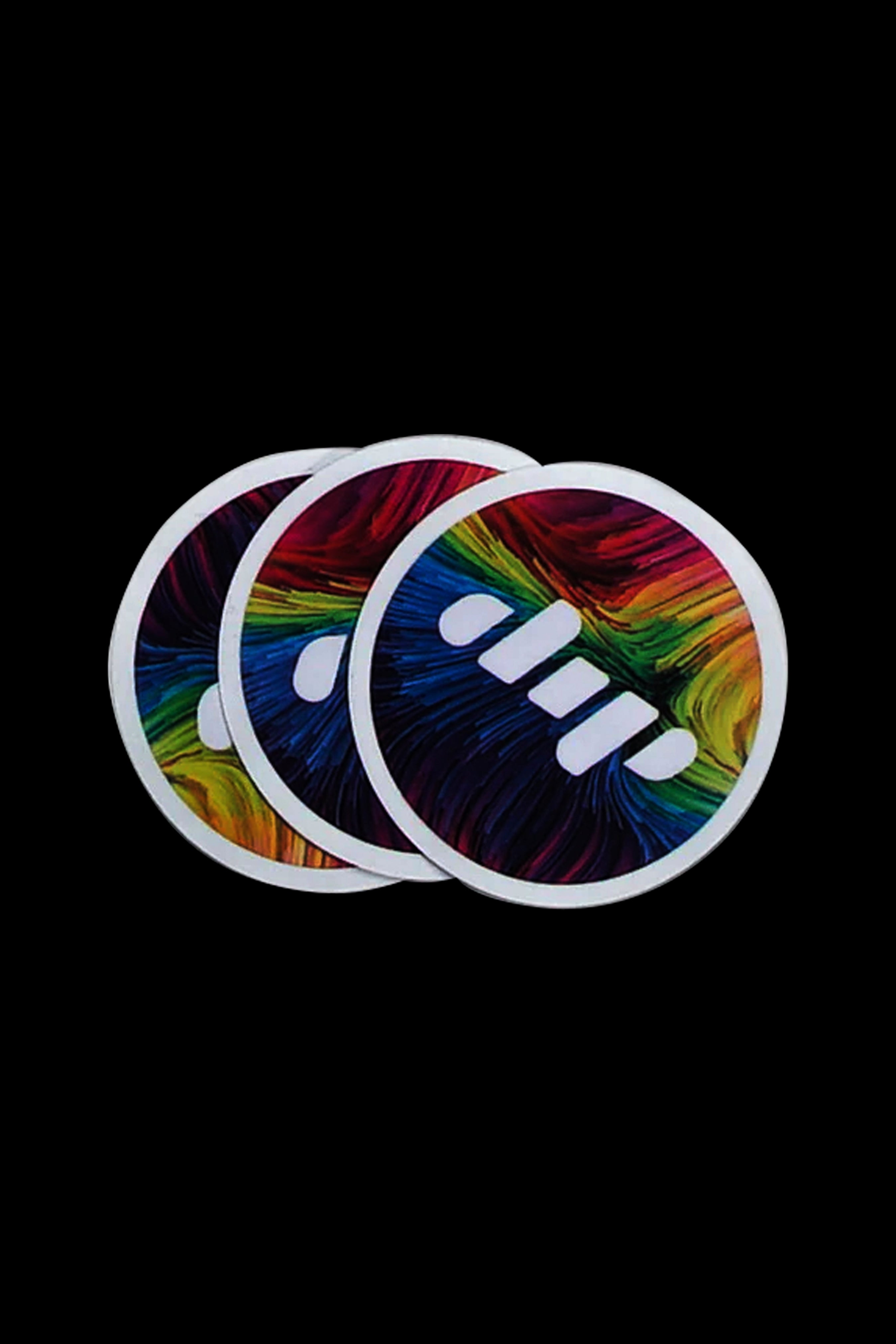 Three circular stickers with a psychedelic, rainbow-colored design and a stylized cannabis leaf emblem against a black background.