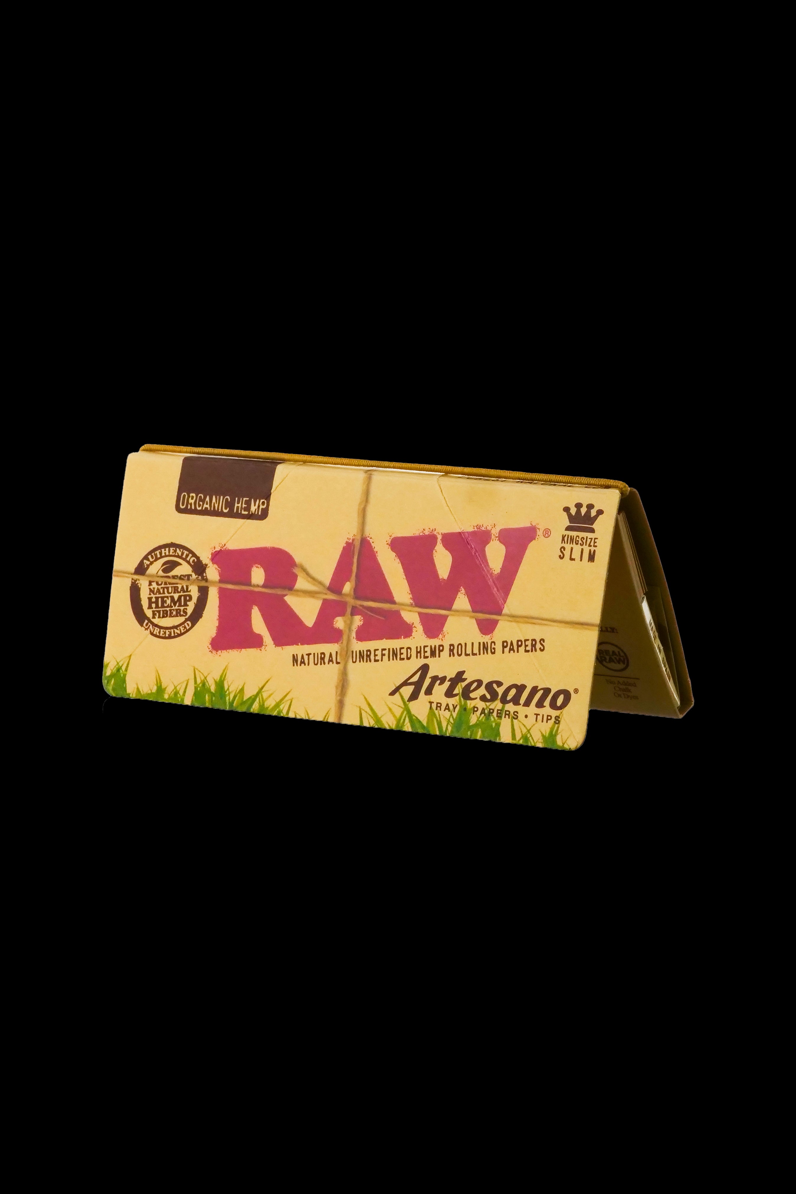 Pack of RAW Organic Hemp rolling papers and Artesano tips against a black background. <start_of_image>