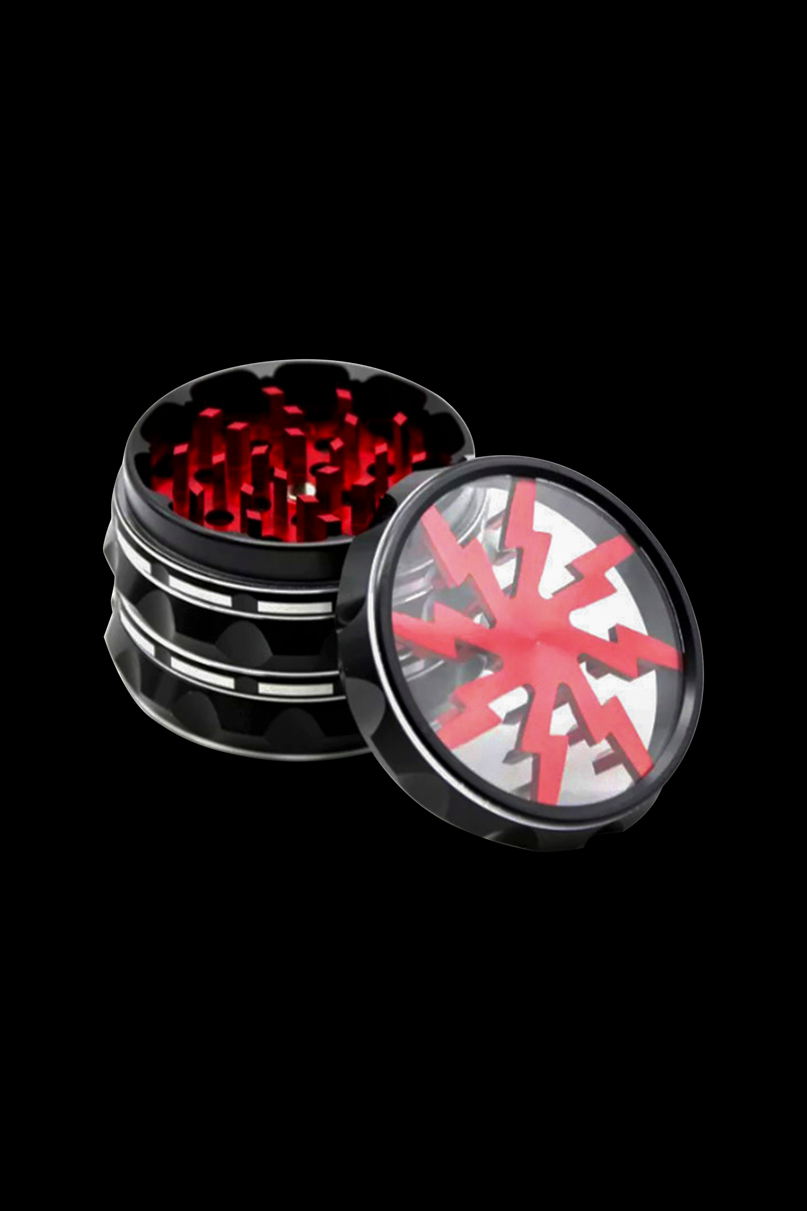 Black and red cannabis grinder with open lid, showing grinding teeth.