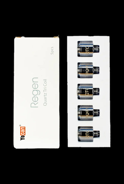Top-down view of a white tray of five metal quartz coils alongside its box, labeled "Yocan Evolve Plus / Regen Coils," on a black background.