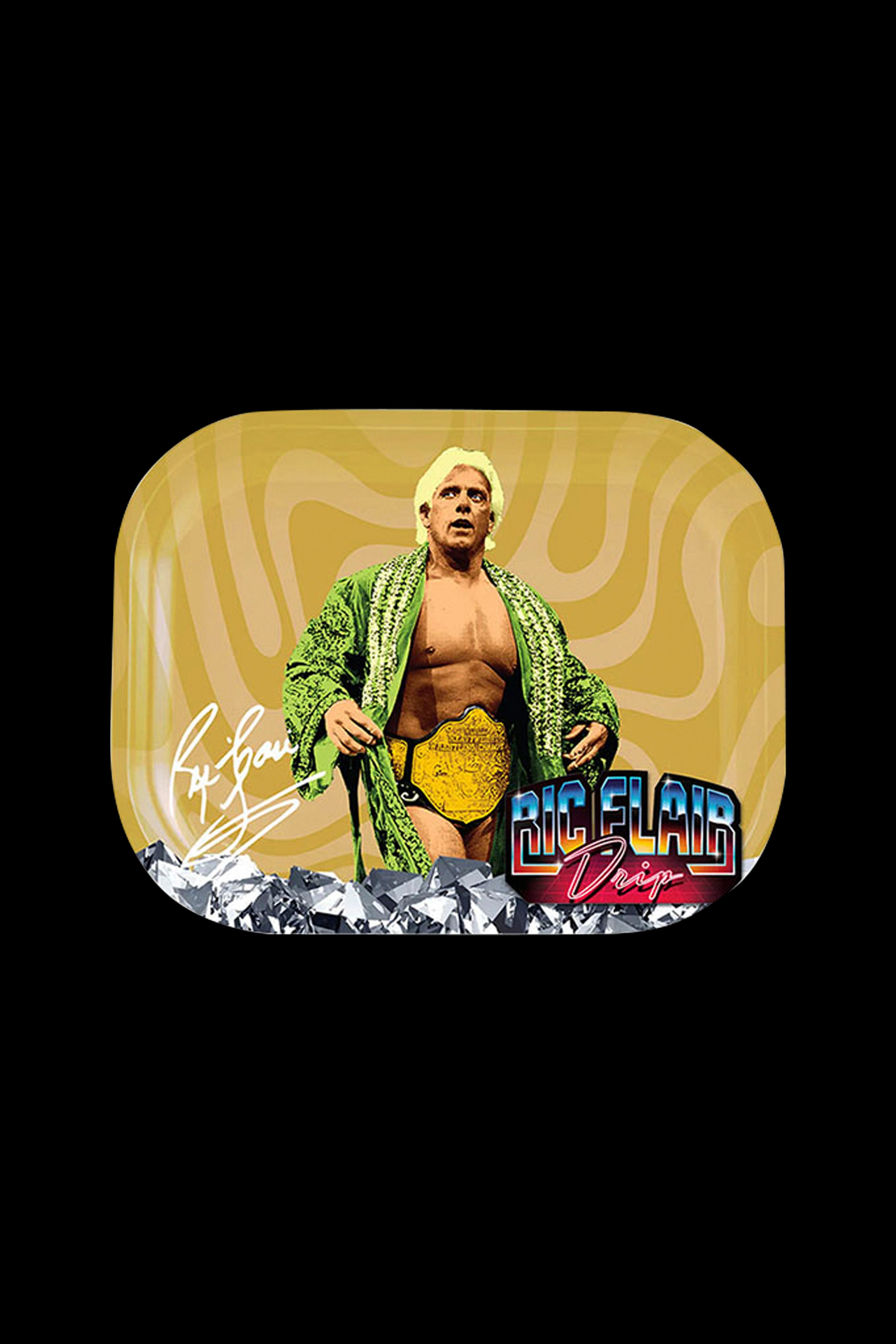 Ric Flair, a professional wrestler, poses with a championship belt over a background of cannabis crystals and the text "Ric Flair Drip."