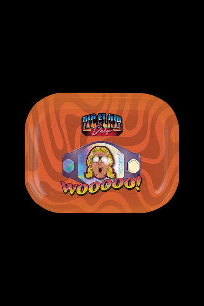 Orange rolling tray with cartoon illustration of a face and text “Big Flab Drip Wooooo!”.