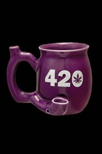 Purple ceramic smoking mug with “420” and a cannabis leaf design, featuring a built-in bowl and mouthpiece.