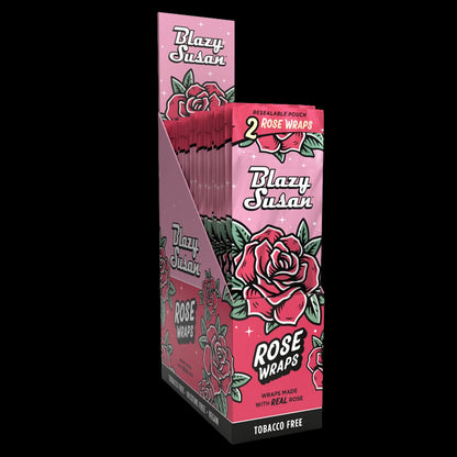 Angled front view of a pink display box of Blazy Susan Rose Wraps showing stacked individual rose-patterned pouches.