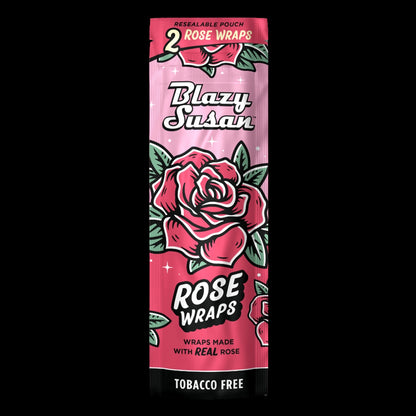Vertical front view of a pink floral pouch labeled Blazy Susan Rose Wraps centered against a black background.