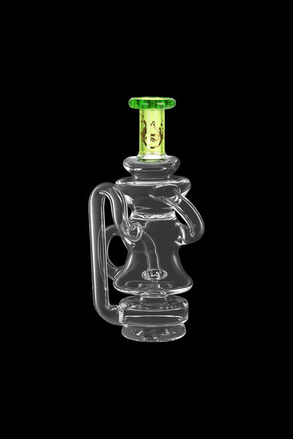 Clear glass water pipe (rig) with green accents, studio shot on a black background.