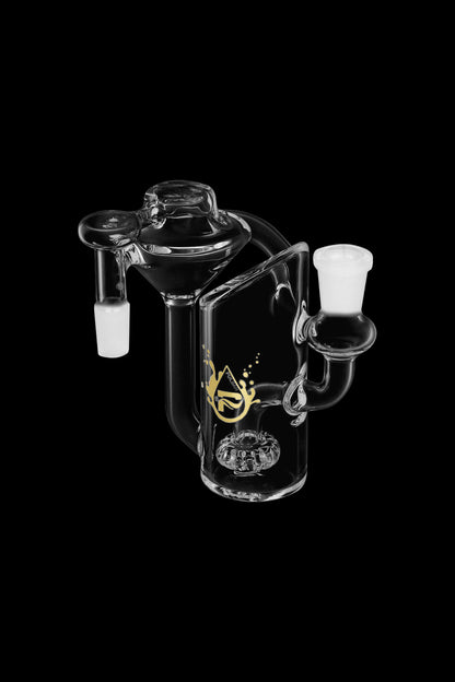 Glass water pipe with intricate design and multiple chambers, isolated on a black background.