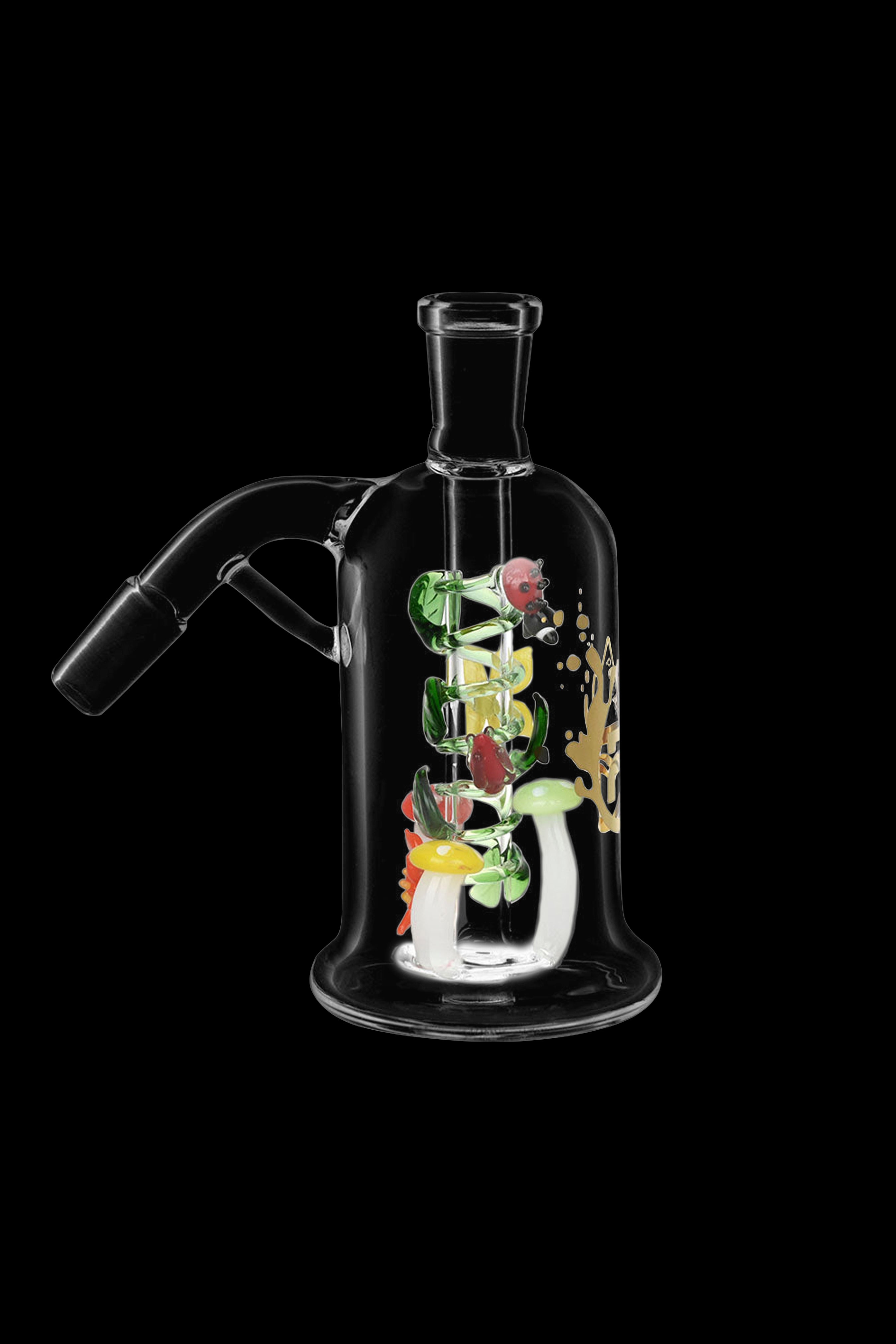 Glass water pipe with colorful enameled cannabis-themed artwork.