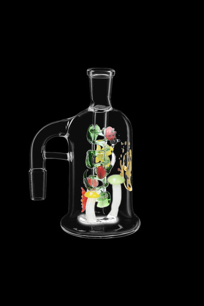 Clear glass water pipe ("bubbler") with colorful glass floral art inside, set against a black background.