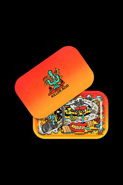 Open and closed orange rolling tray with a colorful, cartoonish motorcycle scene design, branded "Killer Acid."