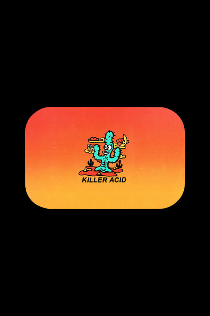 A rounded square sticker with a cartoon cactus character and the text "Killer Acid" in orange and red tones.