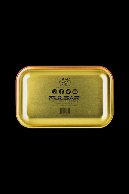 Gold cannabis storage box with Pulsar branding and colorful cartoon graphics.