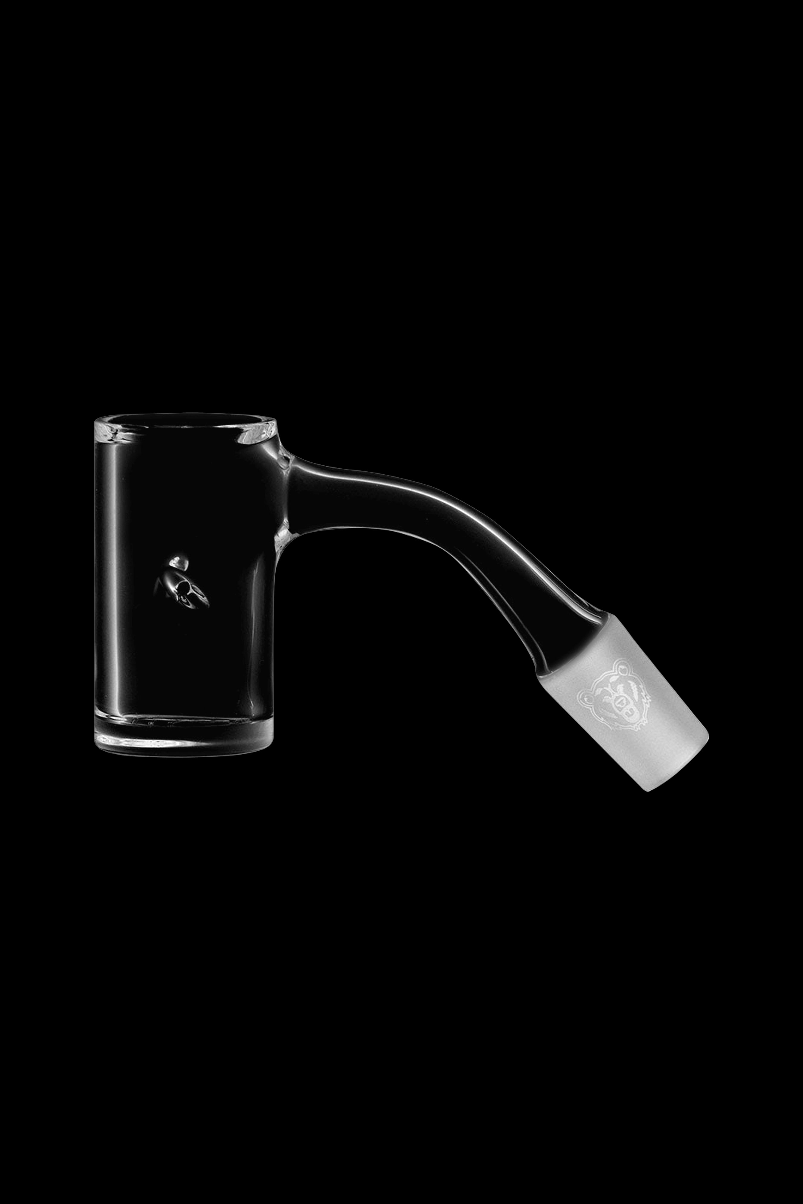 Clear glass oil rig with curved mouthpiece, isolated on black.