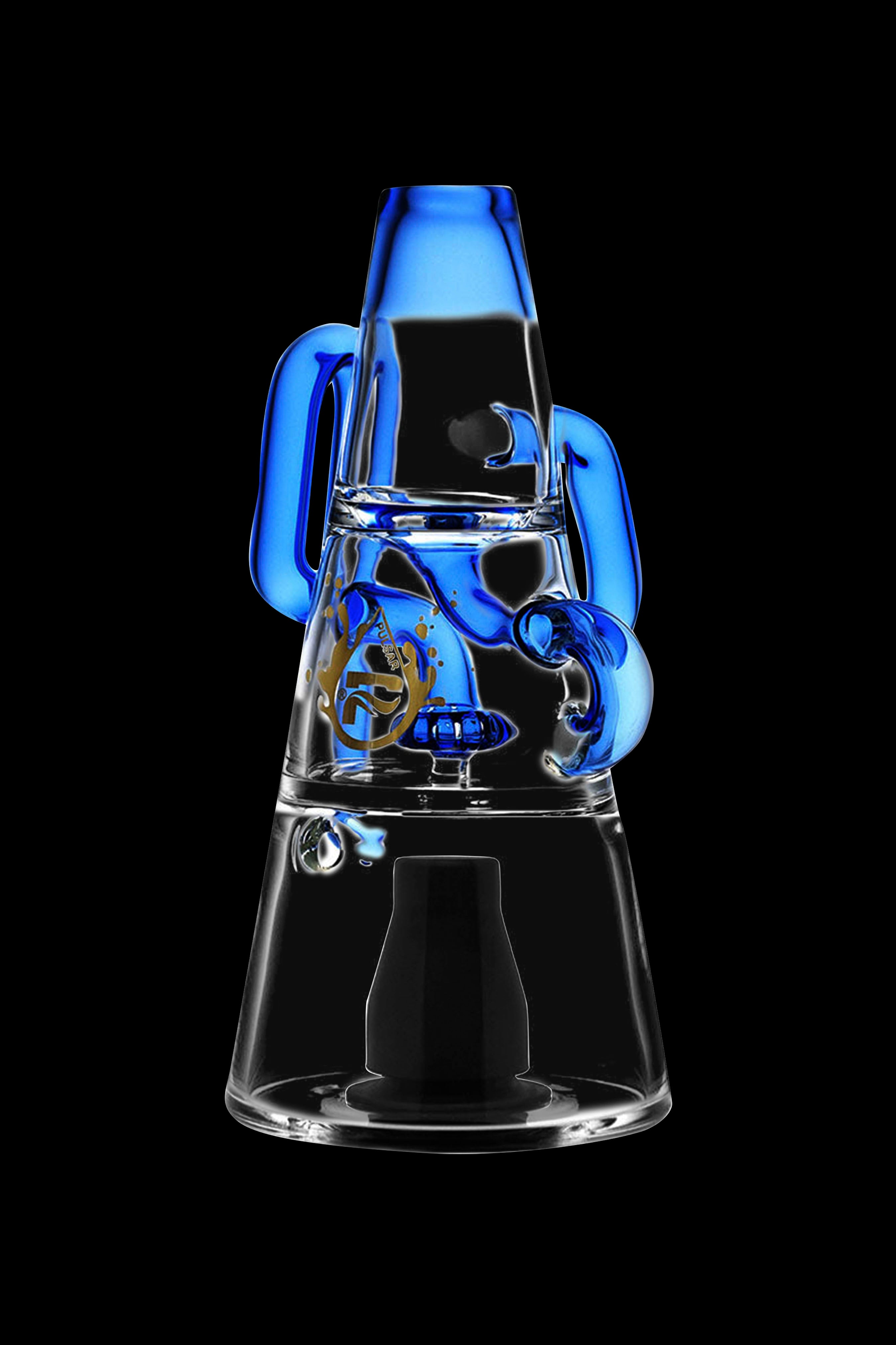 Blue glass water pipe with intricate sculpted design against a black background.