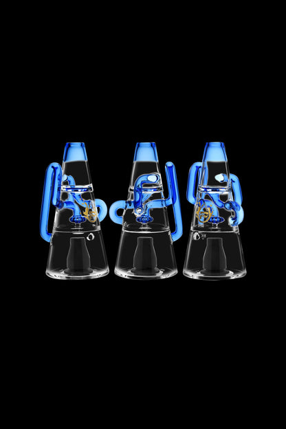 Three blue and clear glass rigs for vaporizing cannabis, displayed against a black background.