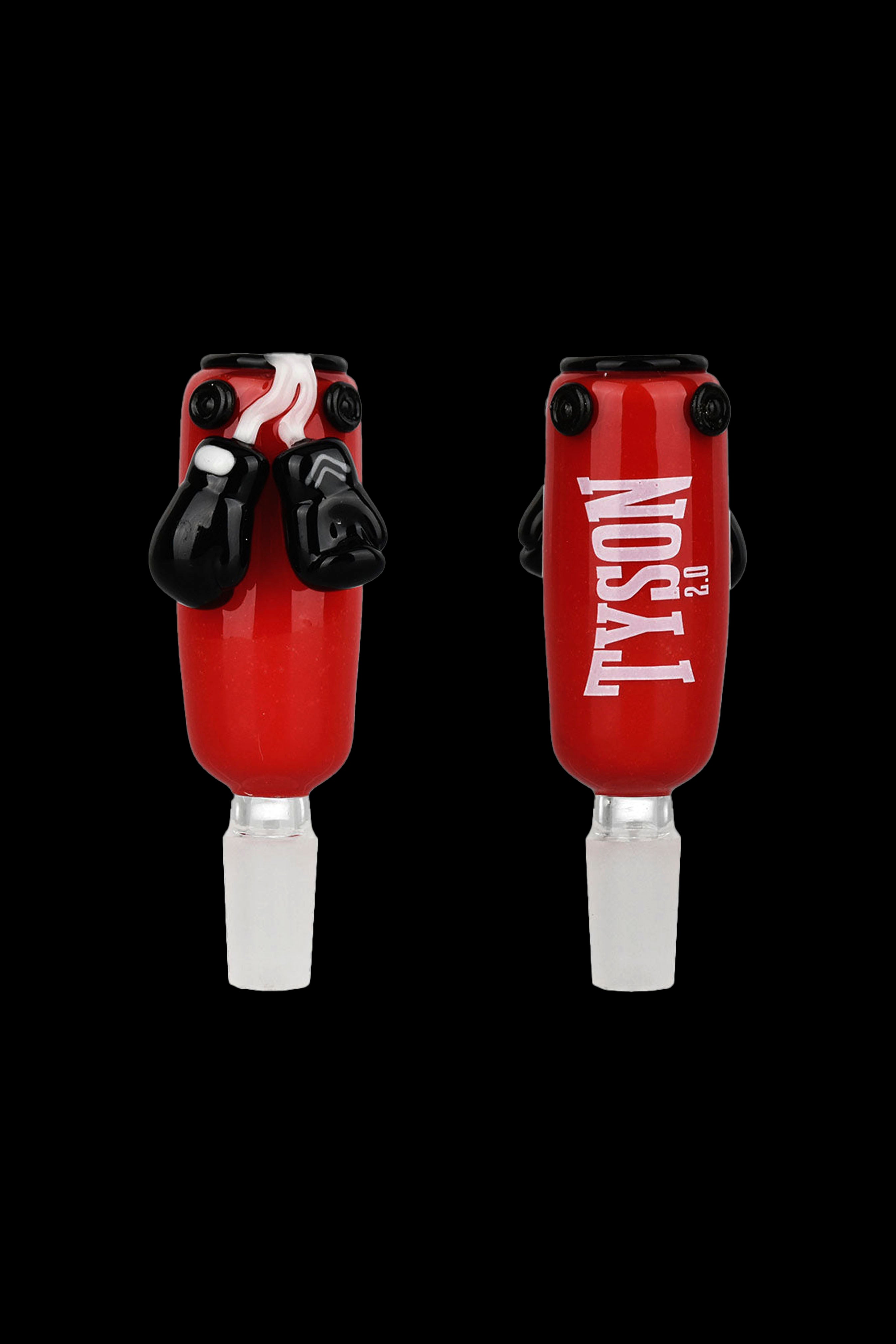 Red glass cannabis water pipe shaped like a boxing glove with “TYSON 2.0” branding.