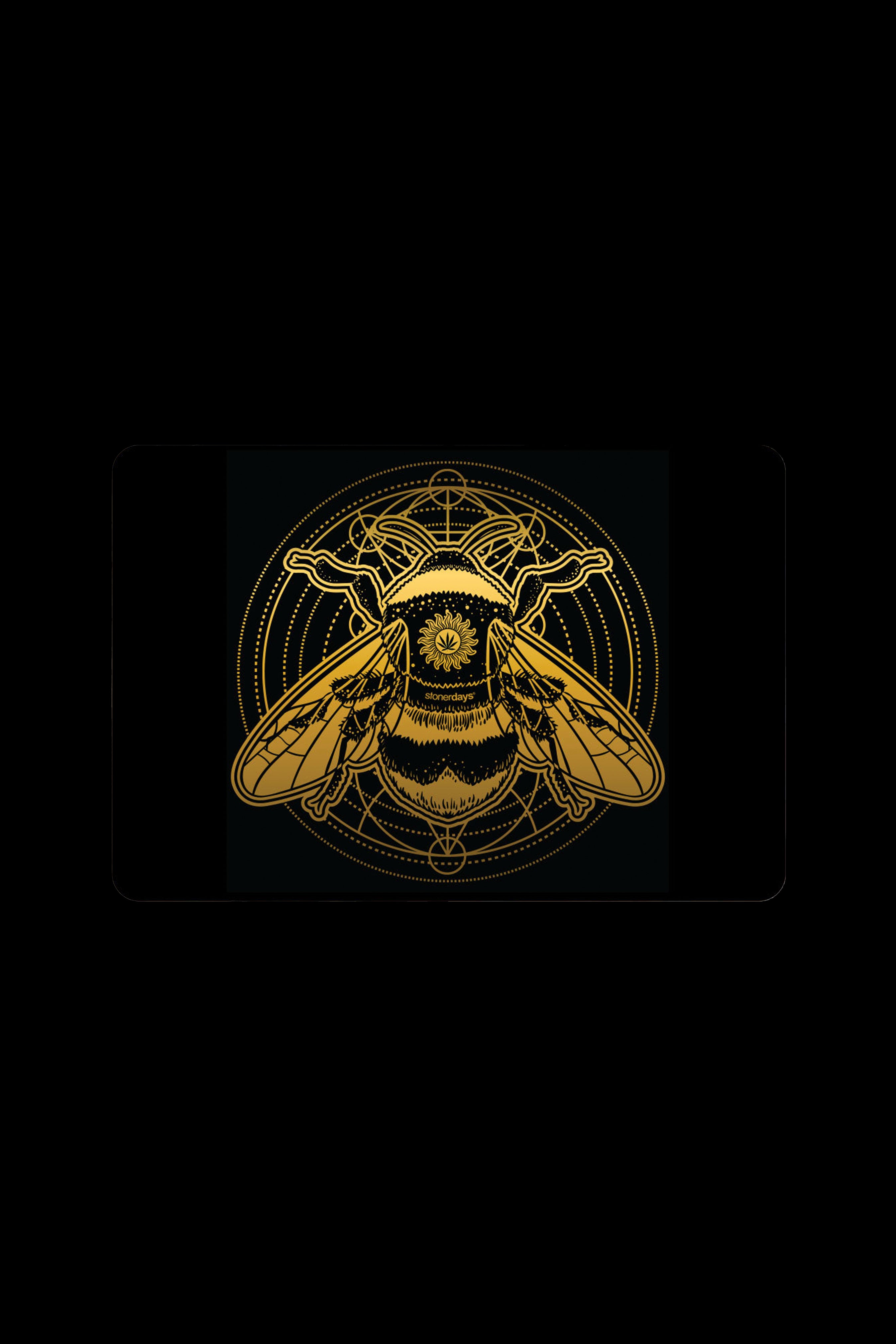 Golden bee illustration with cannabis leaf detail, framed by a circular, ornate design.