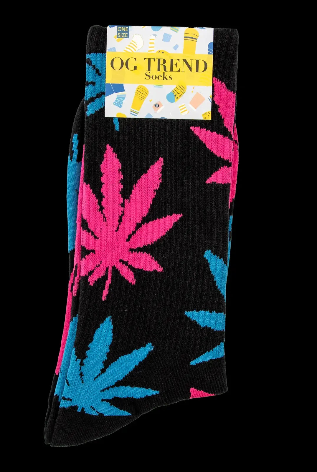 Black socks with a repeating pattern of colorful cannabis leaves, packaged with a tag reading “OG Trend Socks.”