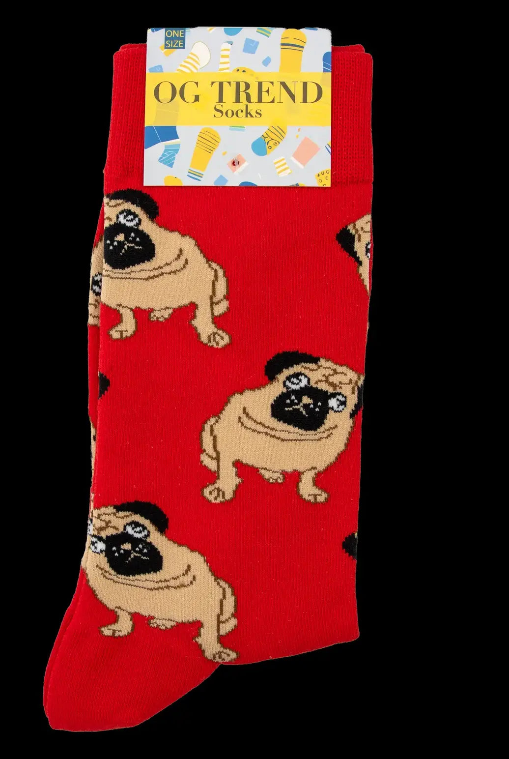Red sock covered in cartoon pug faces, packaged with a "OG Trend Socks" tag.