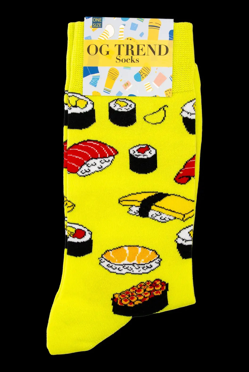 Bright yellow sock covered in colorful sushi roll patterns, tagged “OG Trend Socks.”