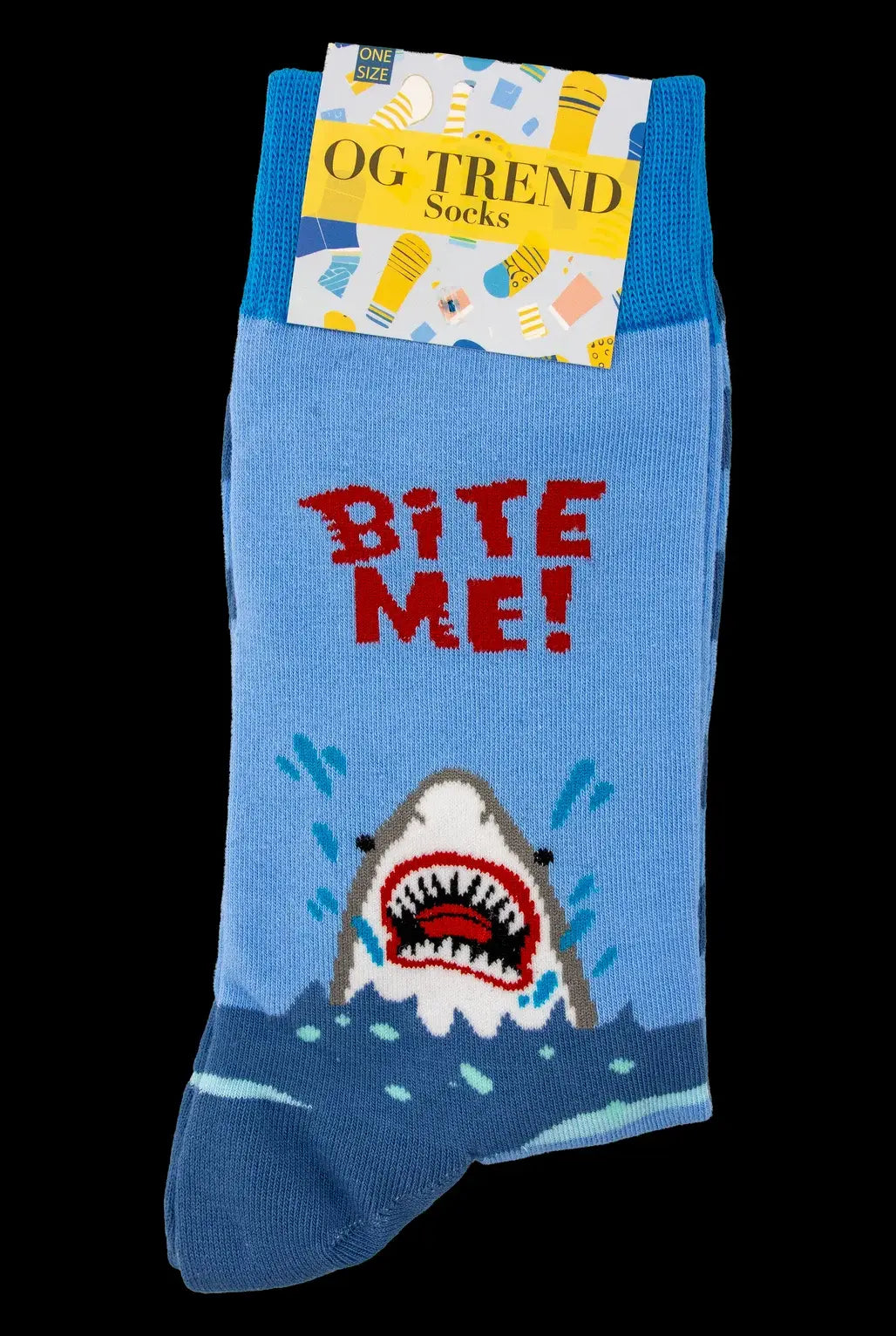 Blue cannabis-themed sock with a shark graphic and the text “BITE ME!” displayed on a white tag.
