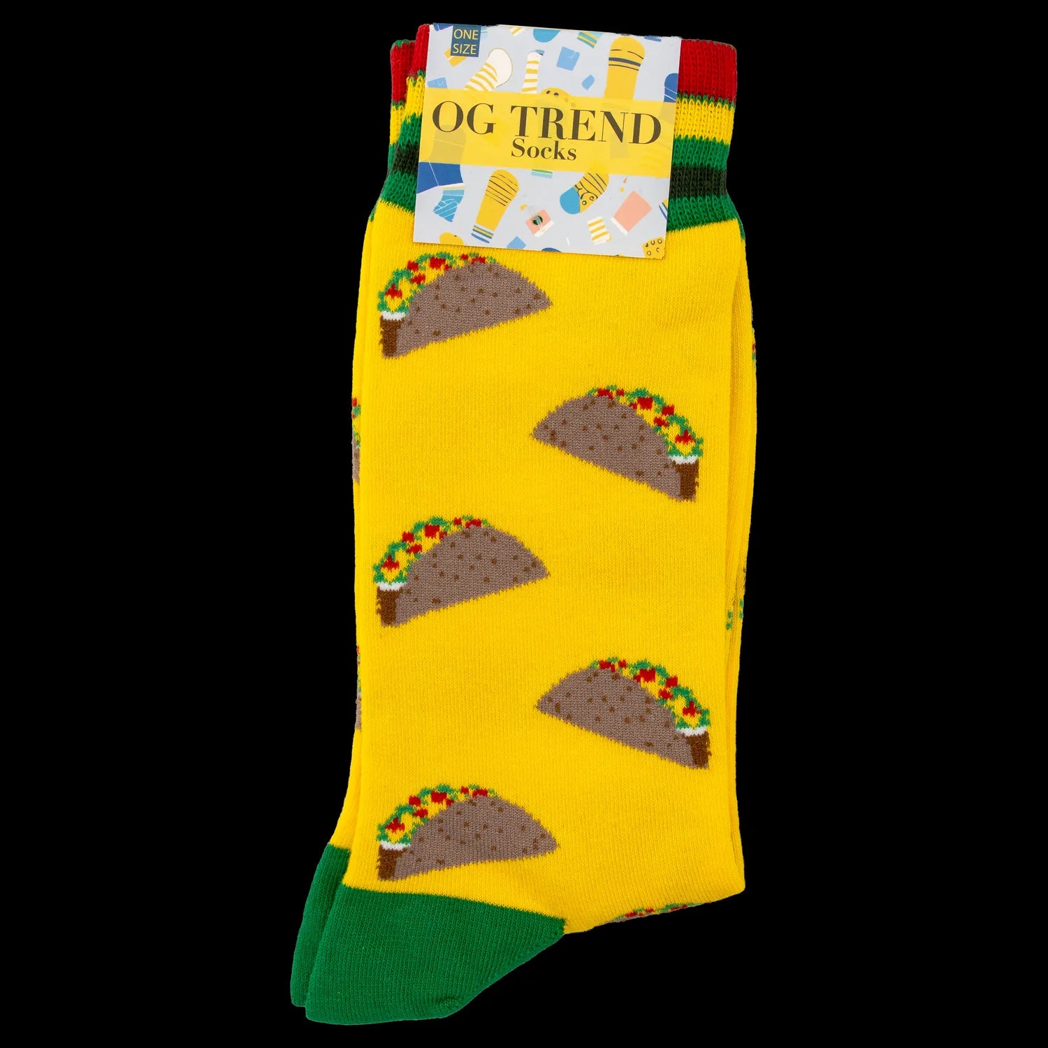 Yellow crew socks with a repeating pattern of stylized taco-shaped cannabis joints, green heel and toe.