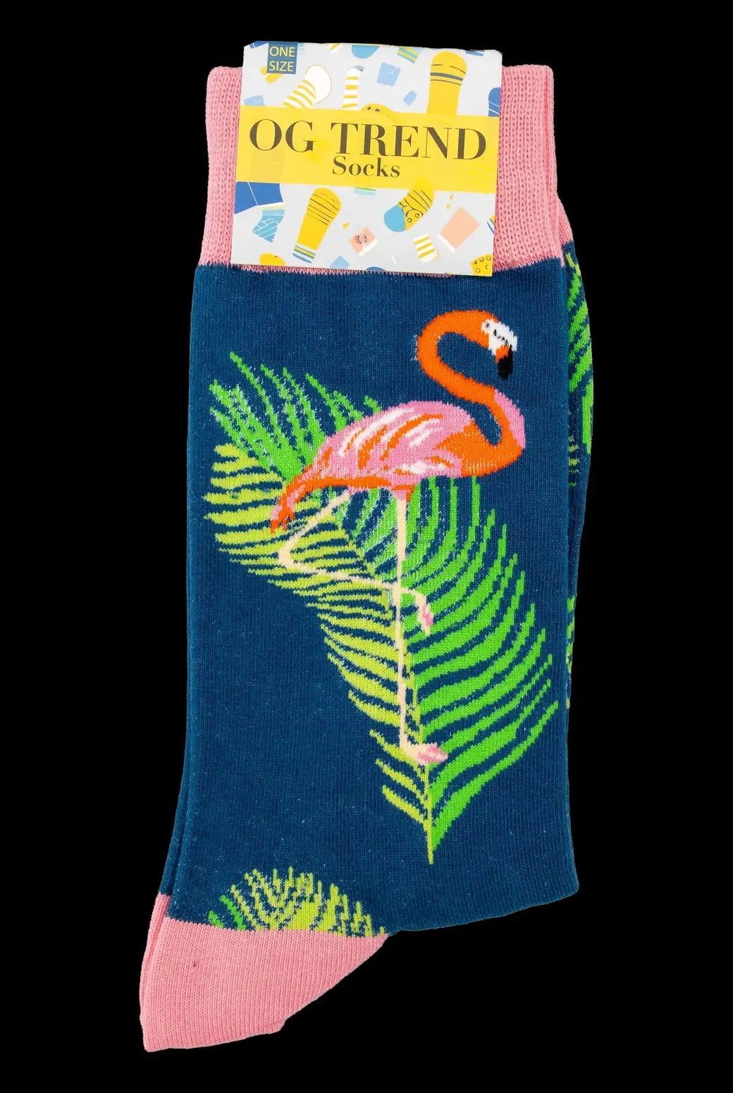 A pair of blue cannabis-themed socks with a pink toe and heel, featuring a tropical flamingo and palm leaf design, packaged with a branded card.