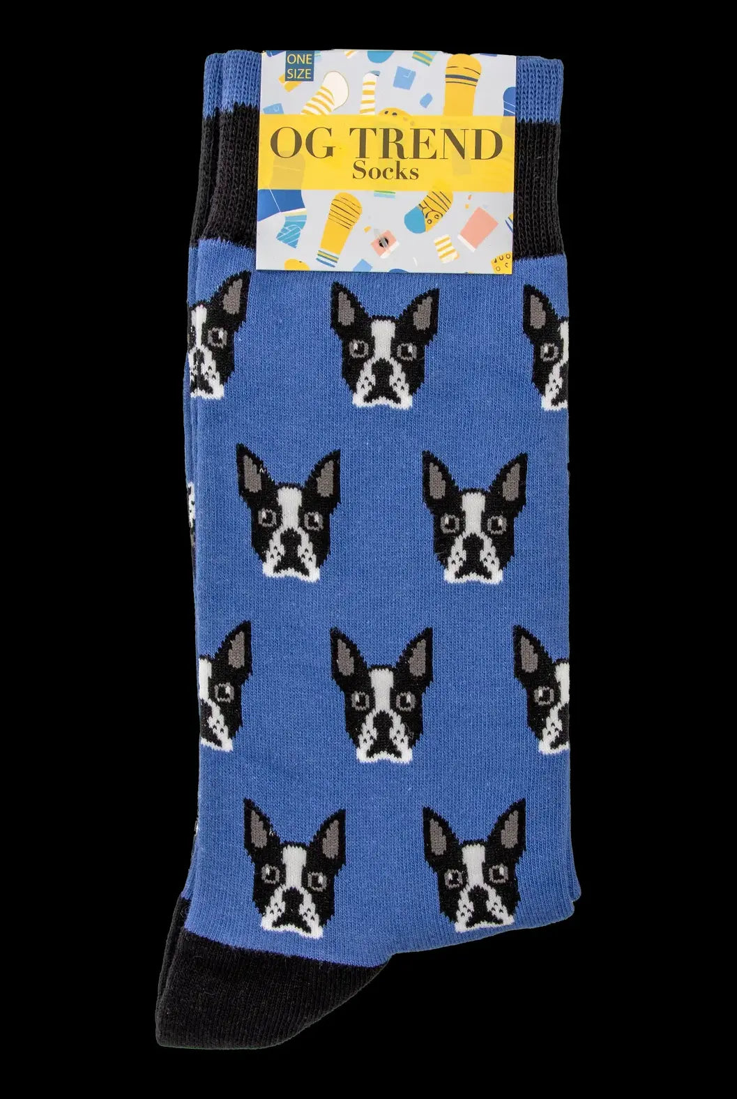 Blue socks patterned with Boston Terrier faces, packaged with a tag reading “OG Trend” and cannabis-related imagery.