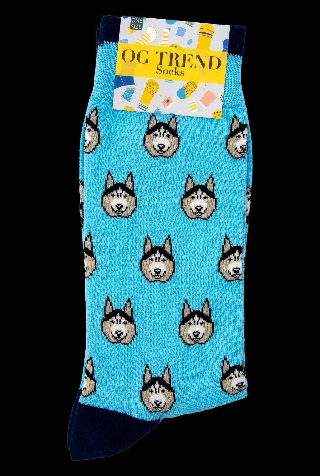 Blue socks patterned with husky dog faces, tagged “OG Trend Socks.”