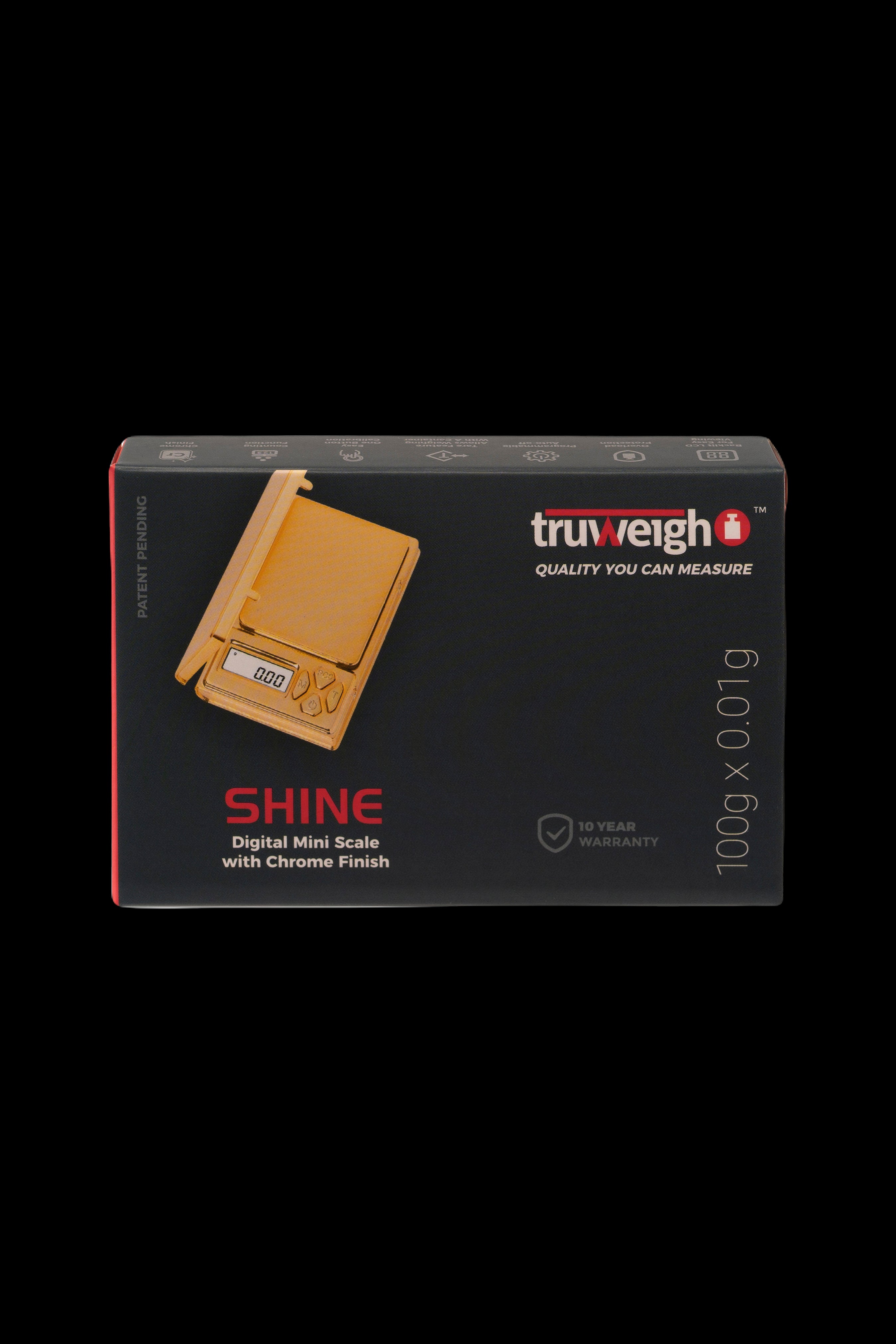 Product packaging for a TruWeigh digital mini scale with chrome finish, displaying "0.000" on the screen and boasting a 10-year warranty.