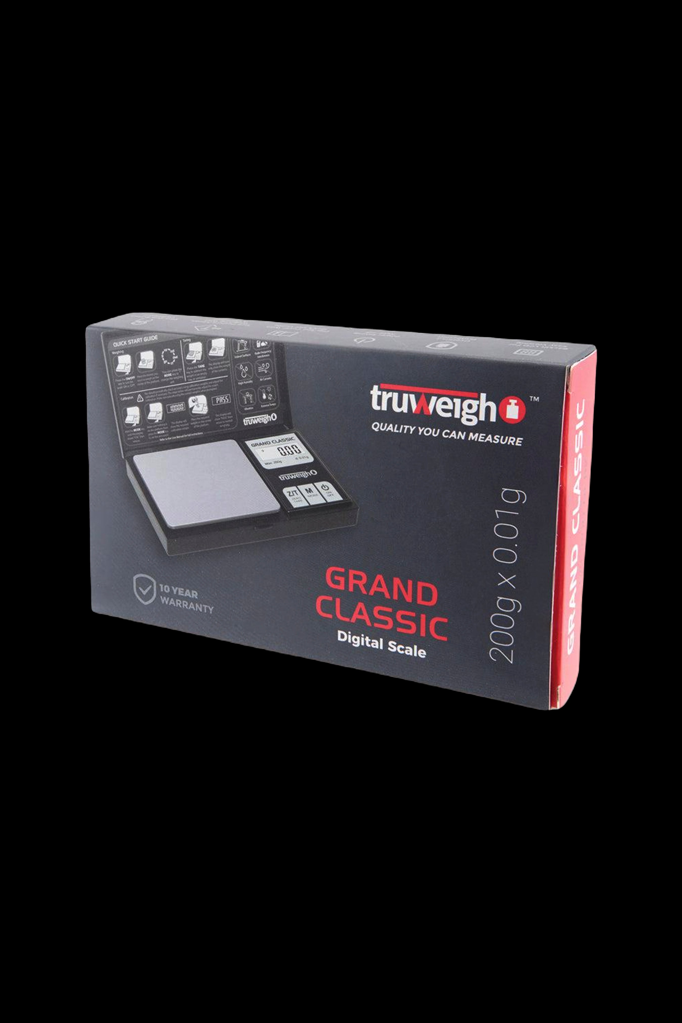 Angled view of the boxed Truweigh Grand Classic Digital Scale showing the black and red packaging and an image of the open scale on the front.