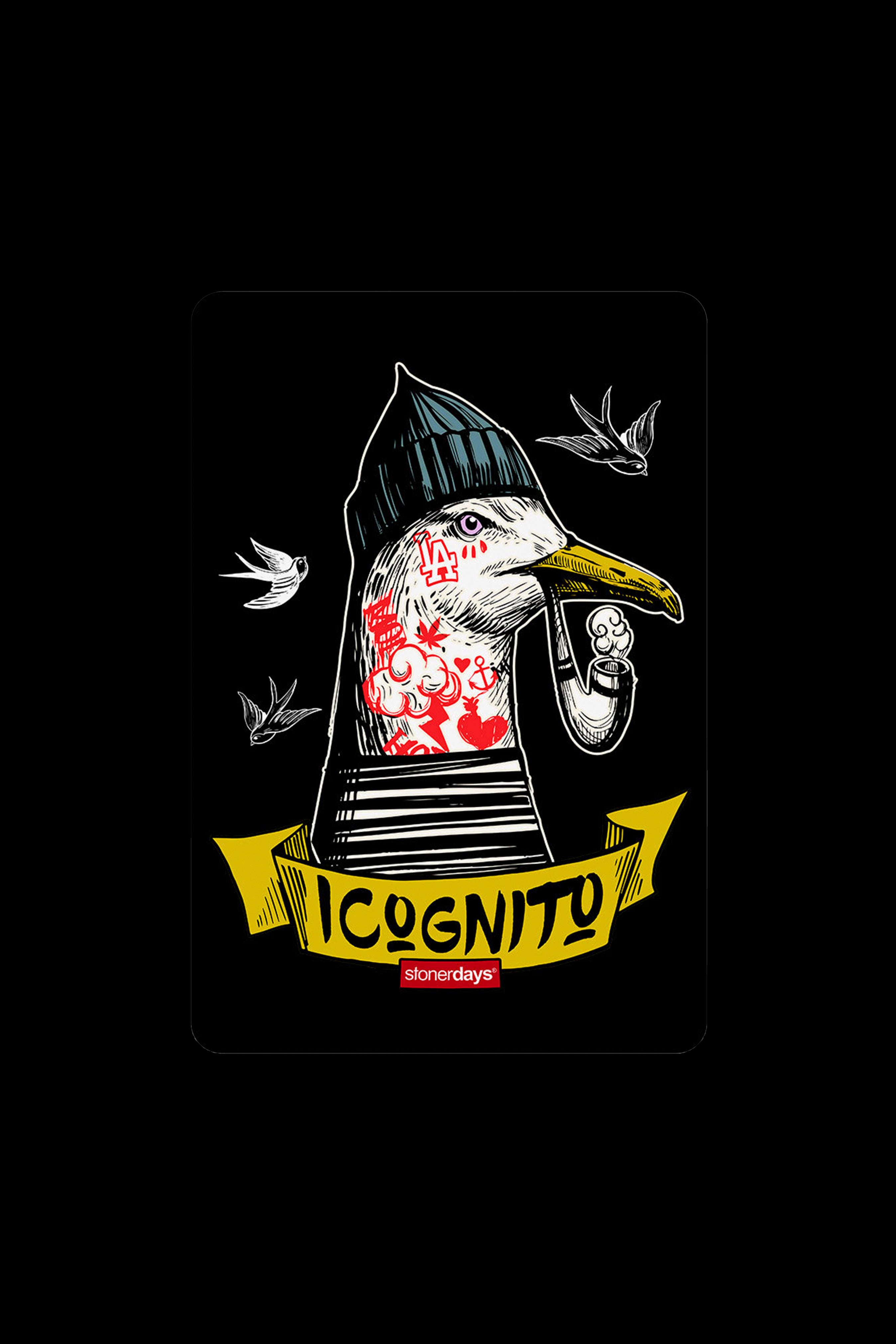Vintage-style illustration of a bird wearing a sailor hat and smoking a pipe, with the brand name “ICOGNITO” and “stonerdays” below. 