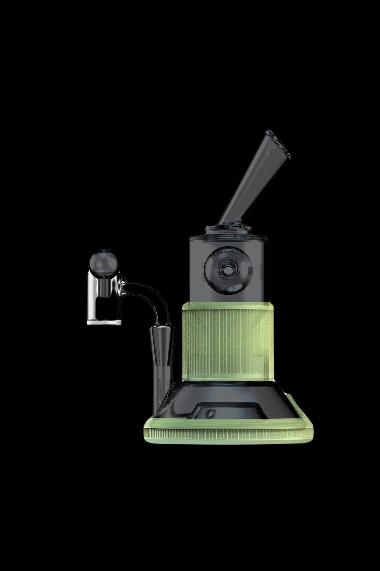 Green and black electronic dab rig with glass attachments on a black background.