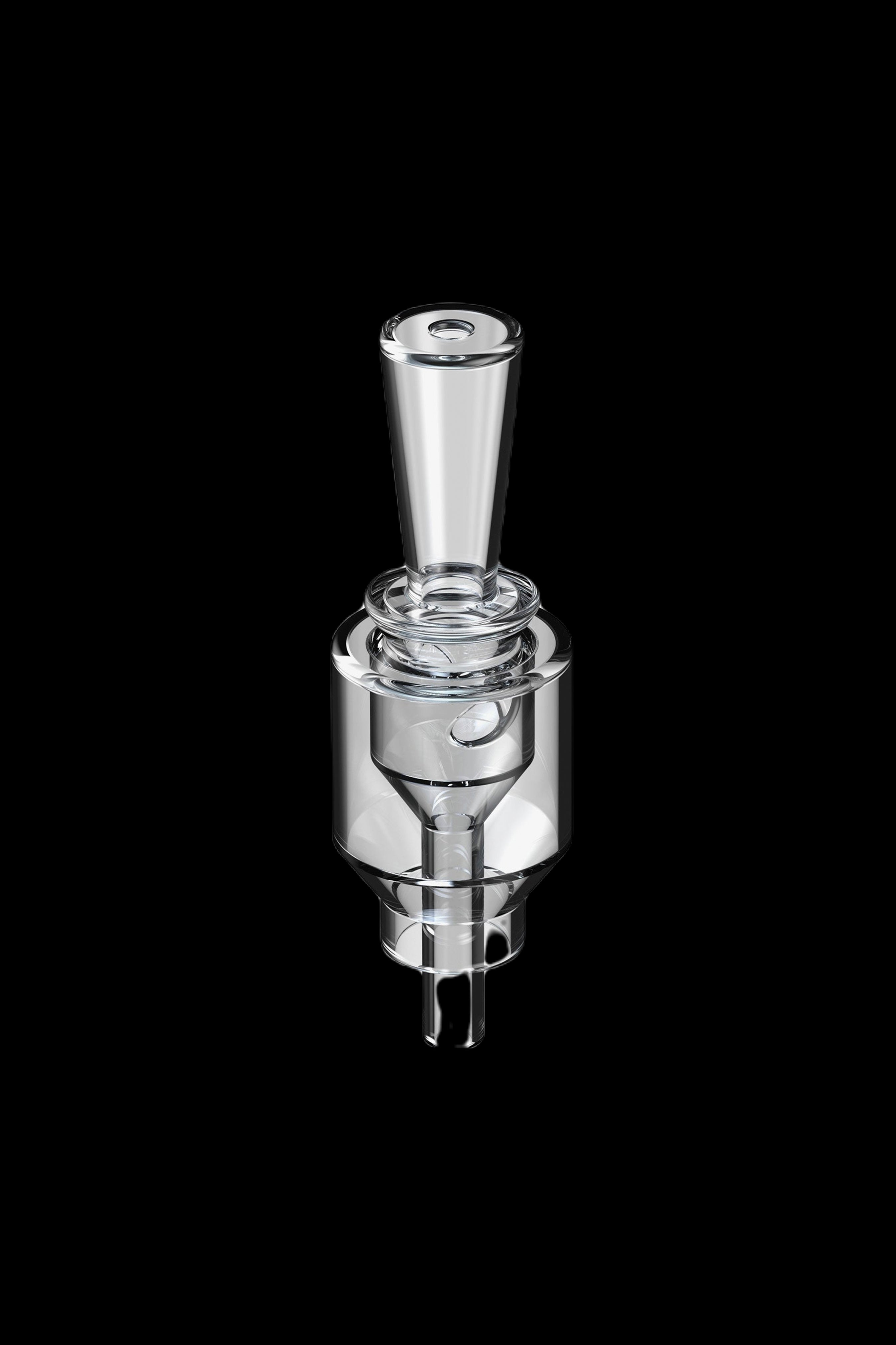 Clear glass cannabis oil vaporizer cartridge against a black background.
