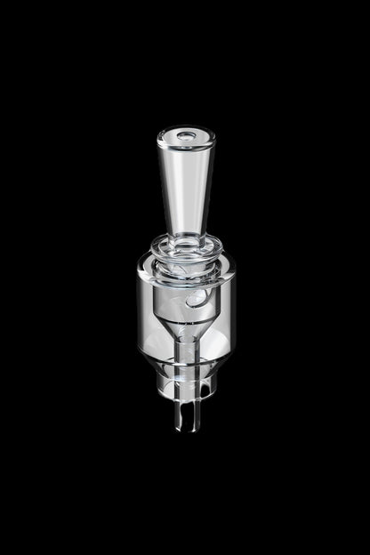 Clear glass cannabis oil vaporizer cartridge against a black background.