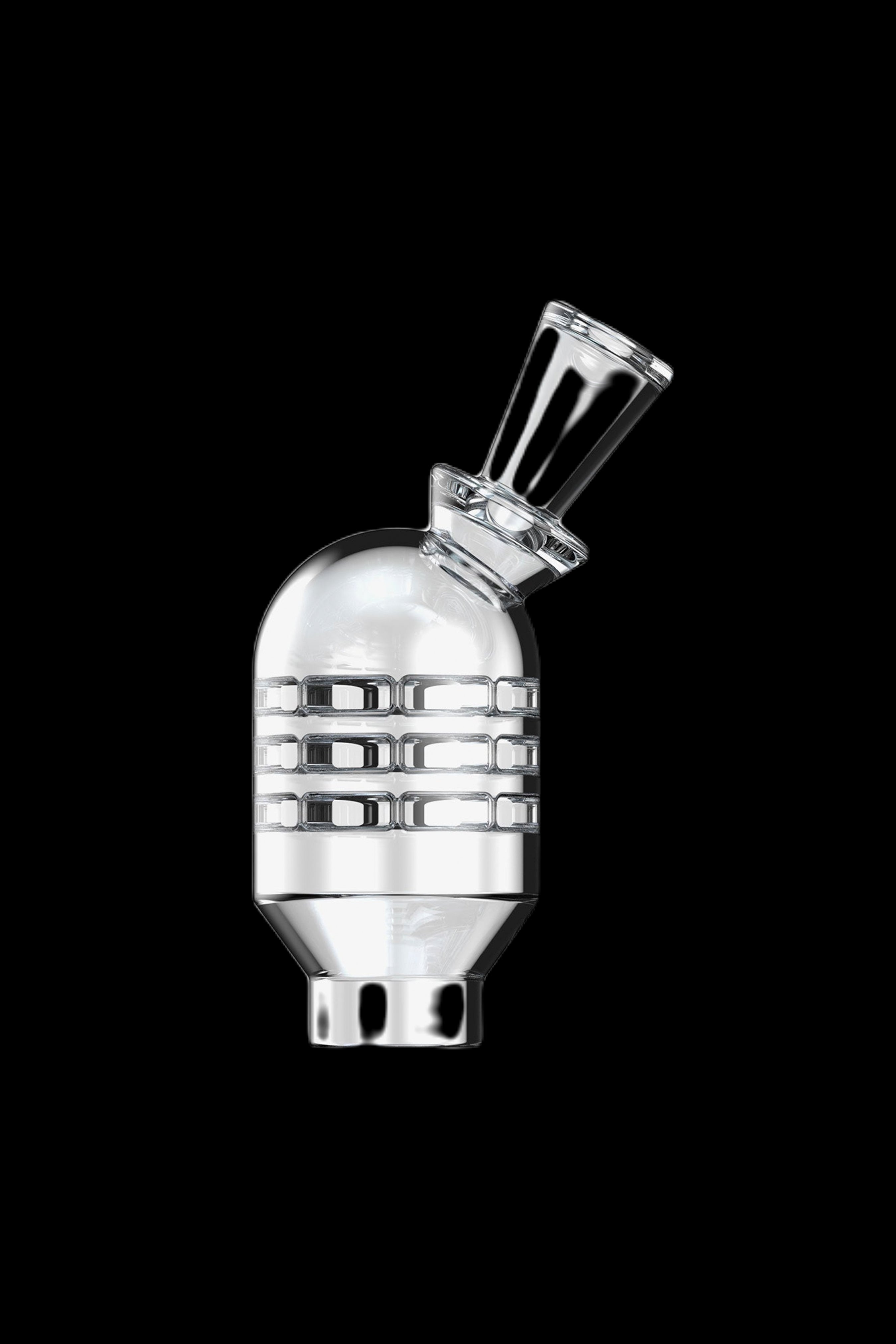 Clear glass bubbler with stacked rings, isolated on black.