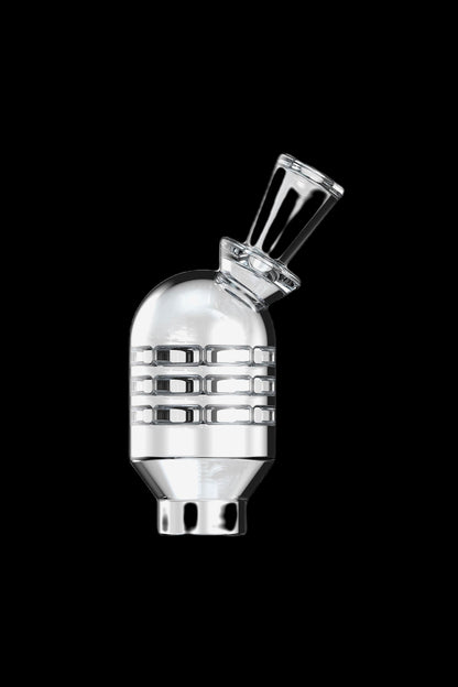 Clear glass bubbler with stacked rings, isolated on black.